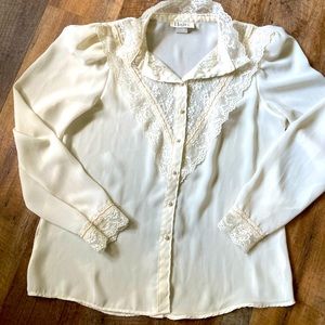 Vintage antique medium lace white button-down blouse shirt